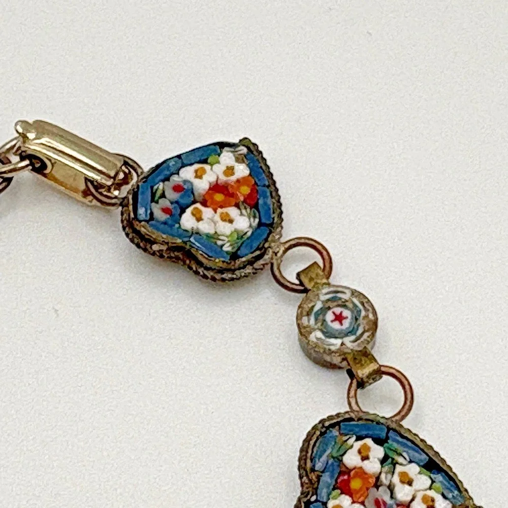 Vintage Italian Micro Mosaic Heart Bracelet Blue Floral Dainty Italy 7